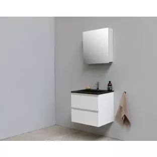 Sanilet badkamermeubel 60 cm breed - hoogglans wit - flatpack - met spiegelkast - wastafel zwart acryl - 1 kraangat
