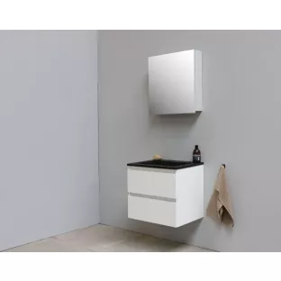 Sanilet badkamermeubel 60 cm breed - hoogglans wit - in elkaar gezet - met spiegelkast - wastafel zwart acryl - 0 kraangaten