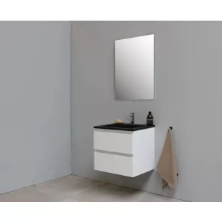 Sanilet badkamermeubel 60 cm breed - hoogglans wit - bouwpakket - met spiegel - wastafel zwart acryl - 1 kraangat