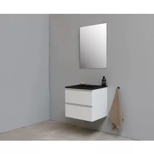 Sanilet badkamermeubel 60 cm breed - hoogglans wit - in elkaar gezet - met spiegel - wastafel zwart acryl - 0 kraangaten