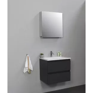 Sanilet badkamermeubel 60 cm breed - mat antraciet - in elkaar gezet - met spiegelkast - wastafel wit acryl - 1 kraangat
