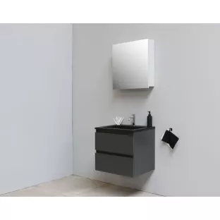 Sanilet badkamermeubel 60 cm breed - mat antraciet - flatpack - met spiegelkast - wastafel zwart acryl - 1 kraangat