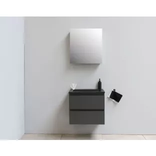 Sanilet badkamermeubel 60 cm breed - mat antraciet - in elkaar gezet - met spiegelkast - wastafel zwart acryl - 0 kraangaten