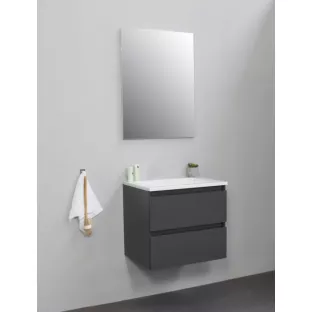 Sanilet badkamermeubel 60 cm breed - mat antraciet - in elkaar gezet - met spiegel - wastafel wit acryl - 0 kraangaten