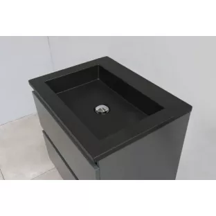 Sanilet badkamermeubel 60 cm breed - mat antraciet - in elkaar gezet - met spiegel - wastafel zwart acryl - 0 kraangaten
