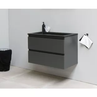 Sanilet badkamermeubel 60 cm breed - mat antraciet - in elkaar gezet - zonder spiegel - wastafel zwart acryl - 0 kraangaten