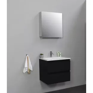 Sanilet badkamermeubel 60 cm breed - mat zwart - flatpack - met spiegelkast - wastafel wit acryl - 0 kraangaten