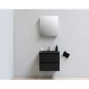 Sanilet badkamermeubel 60 cm breed - mat zwart - in elkaar gezet - met spiegelkast - wastafel zwart acryl - 1 kraangat