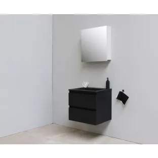 Sanilet badkamermeubel 60 cm breed - mat zwart - in elkaar gezet - met spiegelkast - wastafel zwart acryl - 0 kraangaten