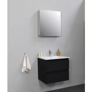 Sanilet badkamermeubel 60 cm breed - mat zwart - flatpack - met spiegelkast - wastafel porselein - 1 kraangat