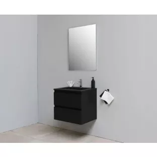 Sanilet badkamermeubel 60 cm breed - mat zwart - in elkaar gezet - met spiegel - wastafel zwart acryl - 1 kraangat