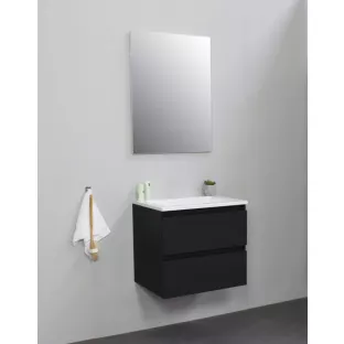 Sanilet badkamermeubel 60 cm breed - mat zwart - in elkaar gezet - met spiegel - wastafel wit acryl - 0 kraangaten