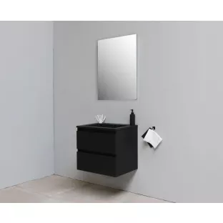 Sanilet badkamermeubel 60 cm breed - mat zwart - in elkaar gezet - met spiegel - wastafel zwart acryl - 0 kraangaten