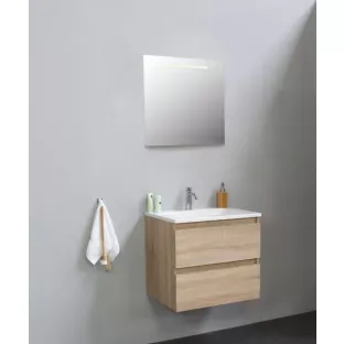 Sanilet badkamermeubel 60 cm breed - eiken - in elkaar gezet - met ledverlichting - wastafel wit acryl - 1 kraangat