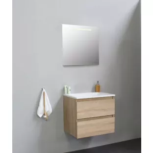 Sanilet badkamermeubel 60 cm breed - eiken - in elkaar gezet - met ledverlichting - wastafel wit acryl - 0 kraangaten