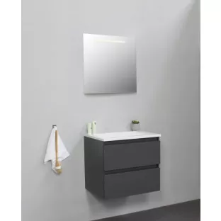 Sanilet badkamermeubel 60 cm breed - mat antraciet - in elkaar gezet - met ledverlichting - wastafel wit acryl - 0 kraangaten