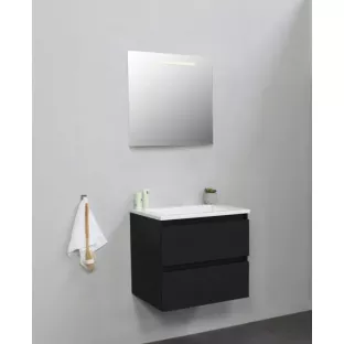 Sanilet badkamermeubel 60 cm breed - mat zwart - in elkaar gezet - met ledverlichting - wastafel wit acryl - 0 kraangaten