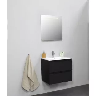 Sanilet badkamermeubel 60 cm breed - mat zwart - in elkaar gezet - met ledverlichting - wastafel porselein - 1 kraangat