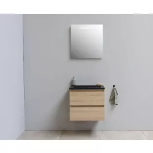 Sanilet badkamermeubel 60 cm breed - eiken - in elkaar gezet - met ledverlichting - wastafel zwart acryl - 0 kraangaten