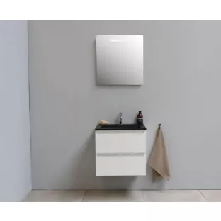 Sanilet badkamermeubel 60 cm breed - hoogglans wit - flatpack - met ledverlichting - wastafel zwart acryl - 0 kraangaten