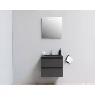 Sanilet badkamermeubel 60 cm breed - mat antraciet - flatpack - met ledverlichting - wastafel zwart acryl - 0 kraangaten
