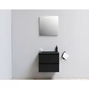 Sanilet badkamermeubel 60 cm breed - mat zwart - flatpack - met ledverlichting - wastafel zwart acryl - 0 kraangaten
