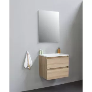 Sanilet badkamermeubel 60 cm breed - eiken - in elkaar gezet - met spiegel - wastafel wit acryl - 0 kraangaten