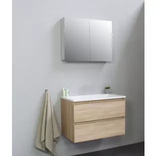 Sanilet badkamermeubel 80 cm breed - eiken - flatpack - met spiegelkast - wastafel wit acryl - 0 kraangaten