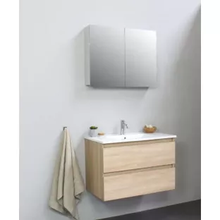 Sanilet badkamermeubel 80 cm breed - eiken - flatpack - met spiegelkast - wastafel porselein - 1 kraangat