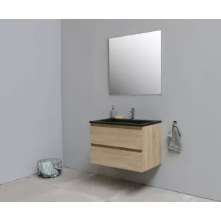 Sanilet badkamermeubel 80 cm breed - eiken - in elkaar gezet - met spiegel - wastafel zwart acryl - 1 kraangat