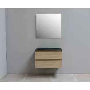 Sanilet badkamermeubel 80 cm breed - eiken - bouwpakket - met spiegel - wastafel zwart acryl - 0 kraangaten