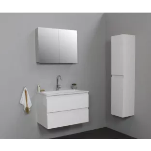 Sanilet badkamermeubel 80 cm breed - hoogglans wit - flatpack - met spiegelkast - wastafel wit acryl - 1 kraangat