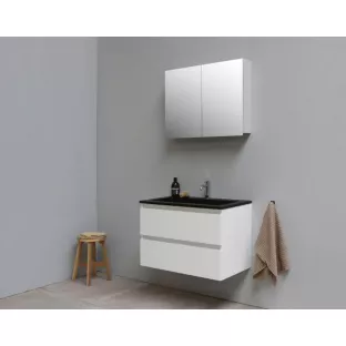 Sanilet badkamermeubel 80 cm breed - hoogglans wit - in elkaar gezet - met spiegelkast - wastafel zwart acryl - 1 kraangat