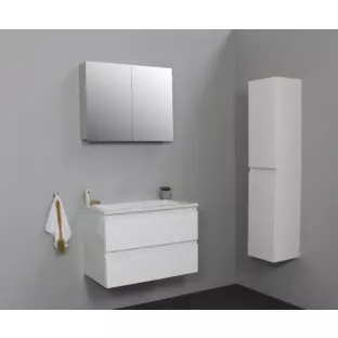 Sanilet badkamermeubel 80 cm breed - hoogglans wit - flatpack - met spiegelkast - wastafel wit acryl - 0 kraangaten