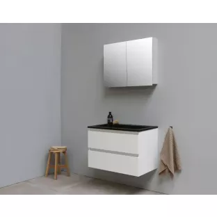 Sanilet badkamermeubel 80 cm breed - hoogglans wit - flatpack - met spiegelkast - wastafel zwart acryl - 0 kraangaten