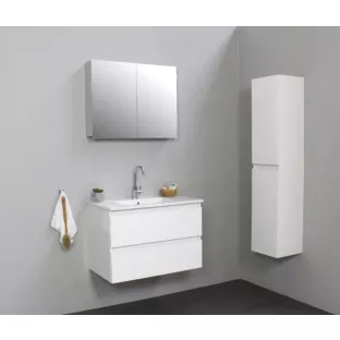 Sanilet badkamermeubel 80 cm breed - hoogglans wit - flatpack - met spiegelkast - wastafel porselein - 1 kraangat