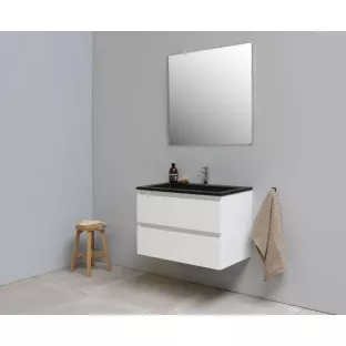 Sanilet badkamermeubel 80 cm breed - hoogglans wit - bouwpakket - met spiegel - wastafel zwart acryl - 1 kraangat