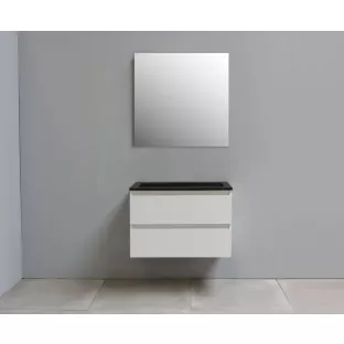 Sanilet badkamermeubel 80 cm breed - hoogglans wit - bouwpakket - zonder spiegel - wastafel zwart acryl - 0 kraangaten
