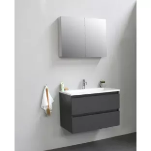 Sanilet badkamermeubel 80 cm breed - mat antraciet - in elkaar gezet - met spiegelkast - wastafel wit acryl - 1 kraangat