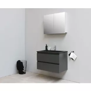 Sanilet badkamermeubel 80 cm breed - mat antraciet - flatpack - met spiegelkast - wastafel zwart acryl - 1 kraangat