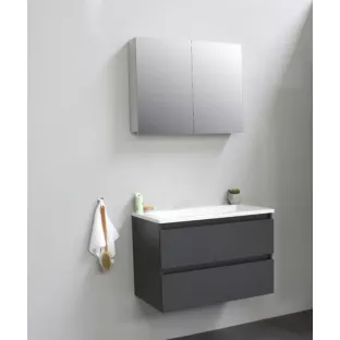 Sanilet badkamermeubel 80 cm breed - mat antraciet - flatpack - met spiegelkast - wastafel wit acryl - 0 kraangaten