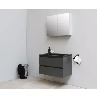 Sanilet badkamermeubel 80 cm breed - mat antraciet - in elkaar gezet - met spiegelkast - wastafel zwart acryl - 0 kraangaten