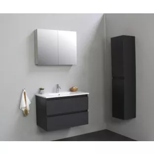 Sanilet badkamermeubel 80 cm breed - mat antraciet - in elkaar gezet - met spiegelkast - wastafel porselein - 1 kraangat