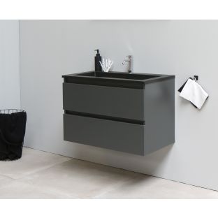Sanilet badkamermeubel 80 cm breed - mat antraciet - in elkaar gezet - zonder spiegel - wastafel zwart acryl - 1 kraangat