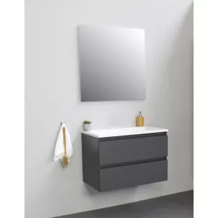 Sanilet badkamermeubel 80 cm breed - mat antraciet - in elkaar gezet - zonder spiegel - wastafel wit acryl - 0 kraangaten