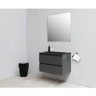 Sanilet badkamermeubel 80 cm breed - mat antraciet - in elkaar gezet - met spiegel - wastafel zwart acryl - 0 kraangaten
