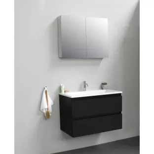 Sanilet badkamermeubel 80 cm breed - mat zwart - flatpack - met spiegelkast - wastafel wit acryl - 1 kraangat