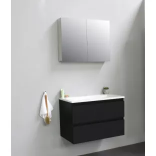 Sanilet badkamermeubel 80 cm breed - mat zwart - flatpack - met spiegelkast - wastafel wit acryl - 0 kraangaten