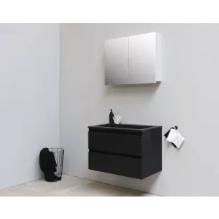 Sanilet badkamermeubel 80 cm breed - mat zwart - in elkaar gezet - met spiegelkast - wastafel zwart acryl - 0 kraangaten