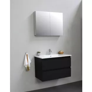 Sanilet badkamermeubel 80 cm breed - mat zwart - flatpack - met spiegelkast - wastafel porselein - 1 kraangat